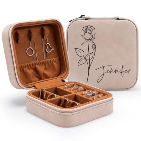 Custom Leather Customized Jewelry Organizer Box w/Name & Birth Flower Month - Birthday Gifts for Women, Mom Personalized Jewelry Travel Case - Beige