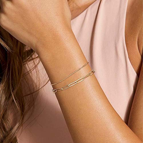 Dainty Gold Bracelets for Women, 14K Gold Filled Adjustable Layered Bracelet Cute Evil Eye Oval Chain Pearl Bar Turtle Gold Bracelets for Women Jewelry