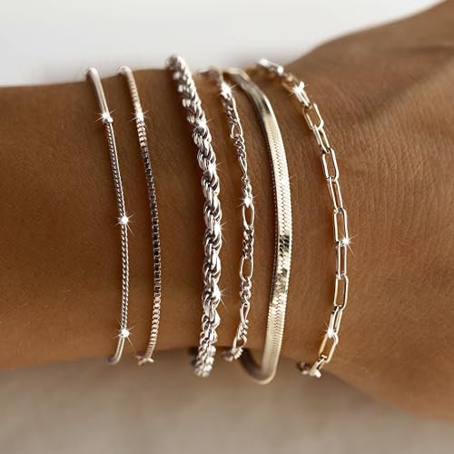 DEARMAY Dainty Silver Bracelets for Women Trendy, 925 Sterling Silver Jewelry Set for Women Bracelets for Women Paperclip Box Herringbone Figaro Rope Chain Bracelet Fashion Pack...
