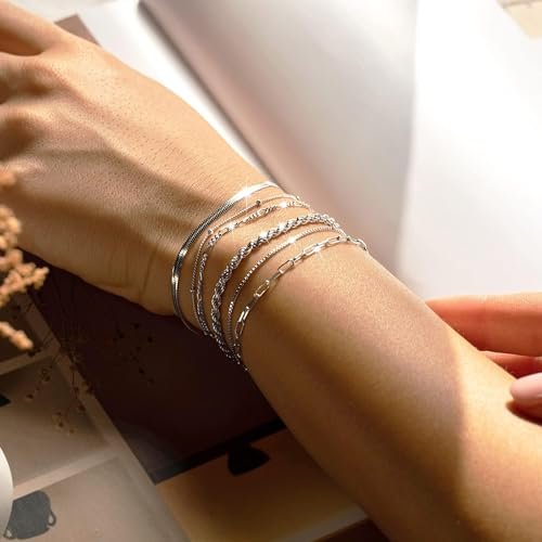 DEARMAY Dainty Silver Bracelets for Women Trendy, 925 Sterling Silver Jewelry Set for Women Bracelets for Women Paperclip Box Herringbone Figaro Rope Chain Bracelet Fashion Pack...