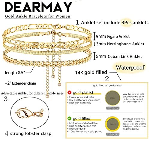 DEARMAY Gold Ankle Bracelets for Women, 14K Gold Anklets for Women Waterproof Cuban Link Anklets Set Layered Anklet Bracelets for Women Anklet for Women Gold Jewelry Gift