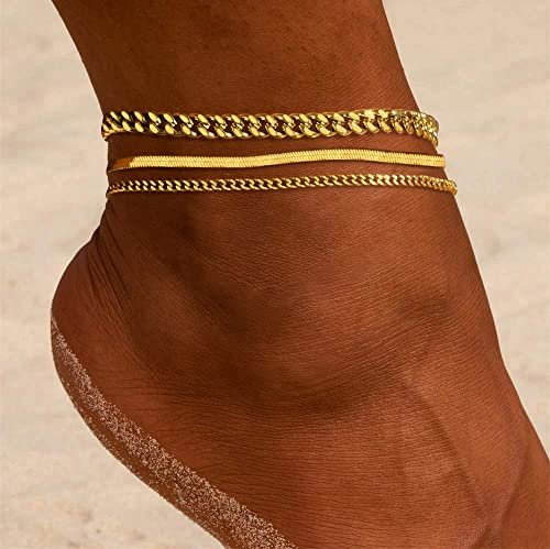 DEARMAY Gold Ankle Bracelets for Women Waterproof 3Pcs 14K Gold Plated Anklets Layered Cuban Link Chain Herringbone Dainty Cute Anklets Set Pack Summer Beach Jewelry Gift for Women