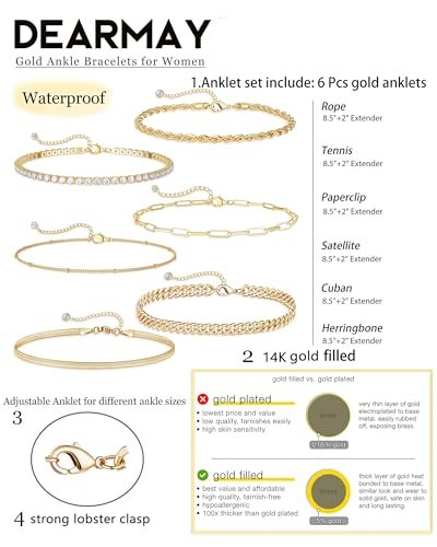 DEARMAY Gold Ankle Bracelets for Women Waterproof - Dainty 6Pcs 14K Gold Plated Anklets Layered Cuban Link Chain Herringbone Cute Anklets Set Pack Summer Beach Jewelry Gift for...