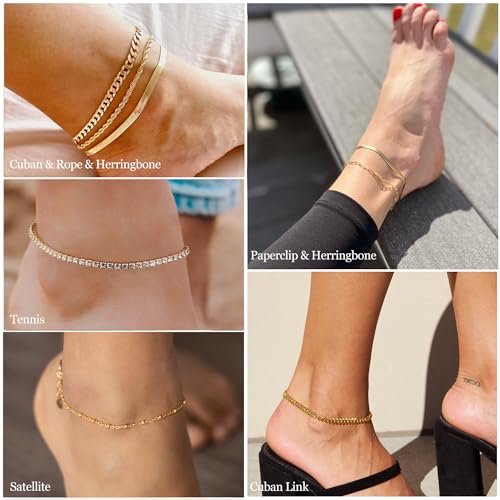 DEARMAY Gold Ankle Bracelets for Women Waterproof - Dainty 6Pcs 14K Gold Plated Anklets Layered Cuban Link Chain Herringbone Cute Anklets Set Pack Summer Beach Jewelry Gift for...