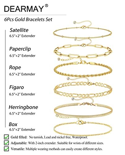 DEARMAY Gold Bracelets for Women Waterproof, 14K Real Gold Jewelry Sets for Women Trendy Thin Dainty Stackable Cuban Link Paperclip Chain Bracelet Pack Fashion Accessories Gifts...