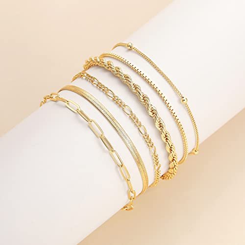 DEARMAY Gold Bracelets for Women Waterproof, 14K Real Gold Jewelry Sets for Women Trendy Thin Dainty Stackable Cuban Link Paperclip Chain Bracelet Pack Fashion Accessories Gifts...