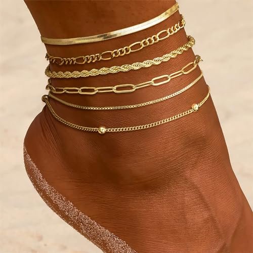 DEARMAY Waterproof Gold Ankle Bracelets for Women - Dainty 6Pcs 14K Gold Plated Anklets Layered Cuban Link Chain Herringbone Cute Anklets Set Pack Summer Beach Jewelry Gift for...