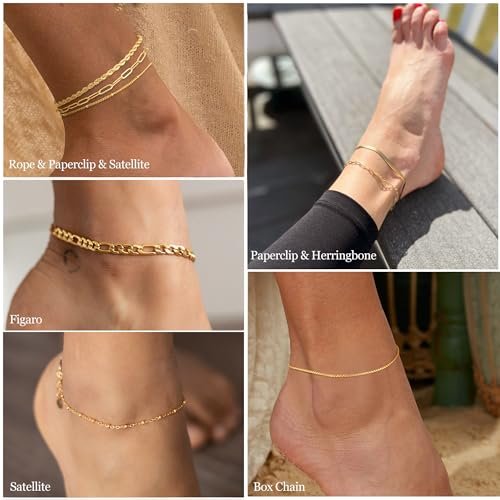 DEARMAY Waterproof Gold Ankle Bracelets for Women - Dainty 6Pcs 14K Gold Plated Anklets Layered Cuban Link Chain Herringbone Cute Anklets Set Pack Summer Beach Jewelry Gift for...