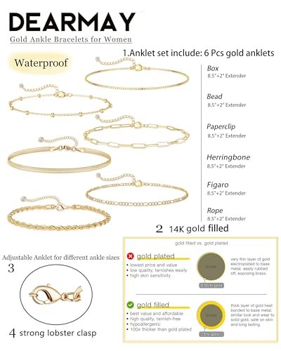 DEARMAY Waterproof Gold Ankle Bracelets for Women - Dainty 6Pcs 14K Gold Plated Anklets Layered Cuban Link Chain Herringbone Cute Anklets Set Pack Summer Beach Jewelry Gift for...