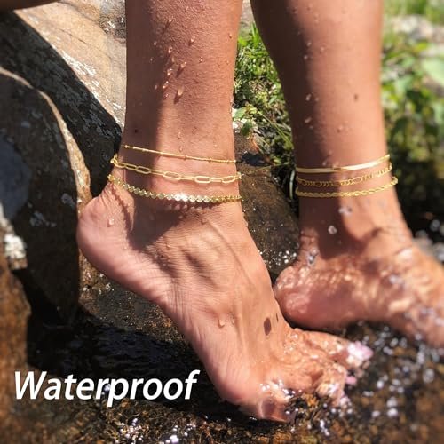 DEARMAY Waterproof Gold Ankle Bracelets for Women - Dainty 6Pcs 14K Gold Plated Anklets Layered Cuban Link Chain Herringbone Cute Anklets Set Pack Summer Beach Jewelry Gift for...