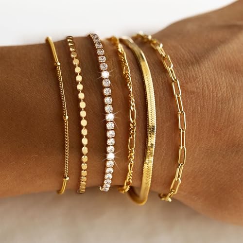 DEARMAY Waterproof Gold Bracelets Set for Women Trendy, Dainty 14K Real Gold Plated Jewelry Fashion Stackable Tennis Beaded Figaro Herringbone Paperclip Link Bracelet Pack Stack...