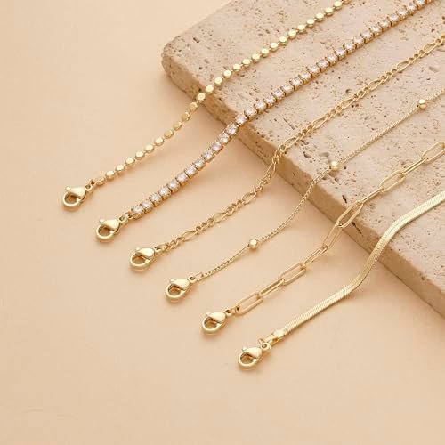 DEARMAY Waterproof Gold Bracelets Set for Women Trendy, Dainty 14K Real Gold Plated Jewelry Fashion Stackable Tennis Beaded Figaro Herringbone Paperclip Link Bracelet Pack Stack...