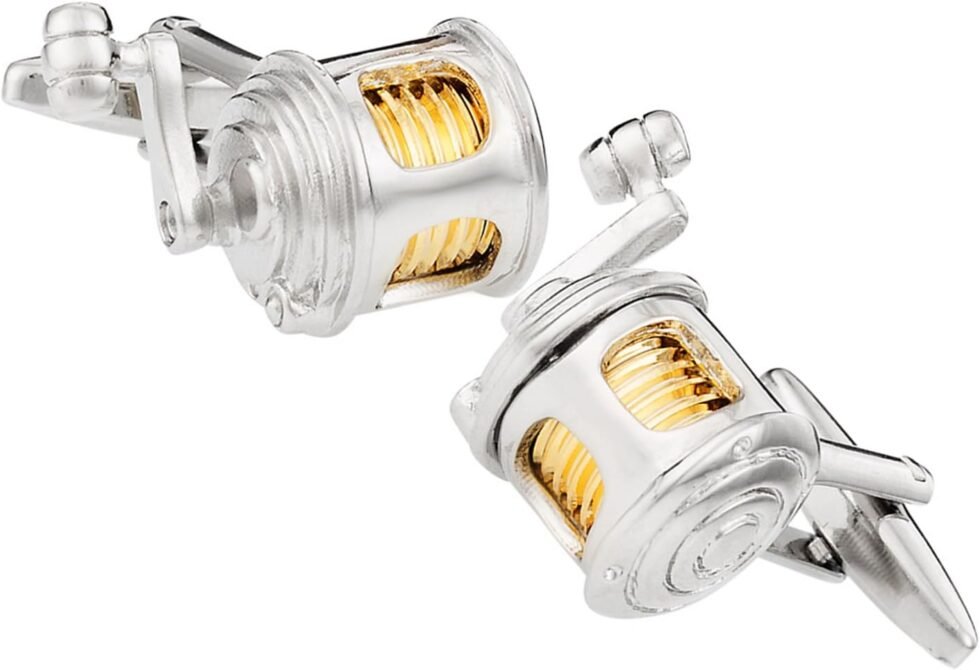 Dreidimensionale Angeln Angelrolle Silber und Gold Fisch Geschenk Manschettenknöpfe von CUFFLINKS DIRECT