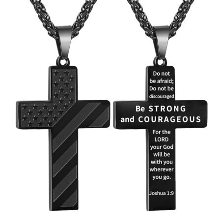 DuoDiner 18+2 Inch Cross Necklace Bible Verse Stainless Steel American Flag Pendant Chain for Men Jewelry Gift