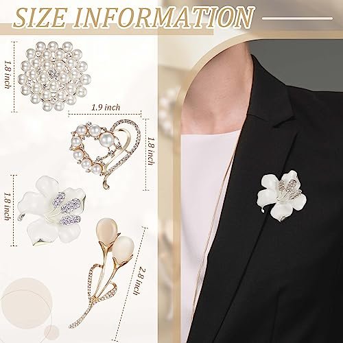 Ecally 4Pcs Women's Brooch Pin Lapel Heart Brooch Simulated Crystal Pearl Rhinestone Flower Brooches for Women Bridal Wedding