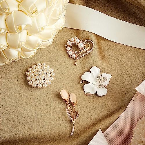 Ecally 4Pcs Women's Brooch Pin Lapel Heart Brooch Simulated Crystal Pearl Rhinestone Flower Brooches for Women Bridal Wedding