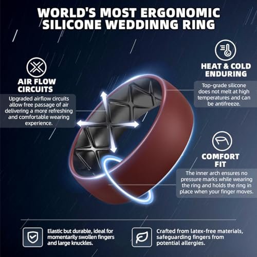 Egnaro Silicone Ring Men 1/4/6/7 Multipack of Breathable Mens Silicone Rubber Wedding Rings Bands with Air Flow Grooves