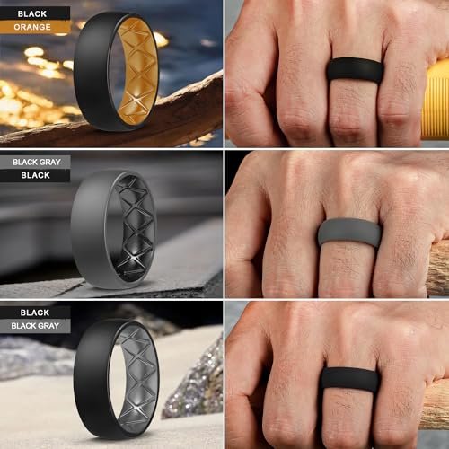 Egnaro Silicone Ring Men 1/4/6/7 Multipack of Breathable Mens Silicone Rubber Wedding Rings Bands with Air Flow Grooves