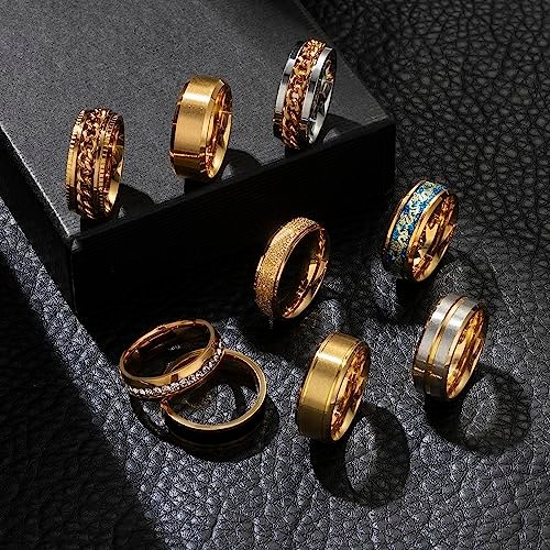 EIELO 9Pcs Stainless Steel Band Rings for Men Women Cool Fidget Spinning Chain Ring Anxiety Relief Fashion Simple Wedding Engagement Black Ring Set