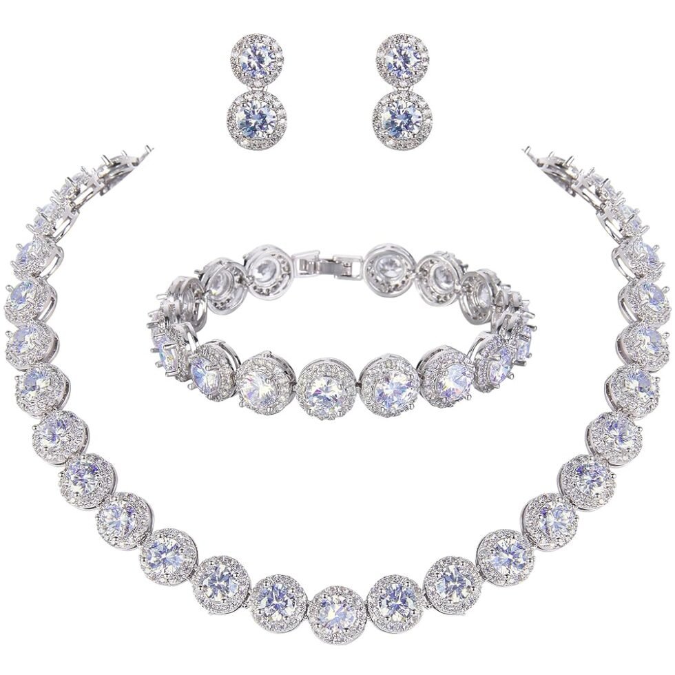 EVER FAITH Round Cut Cubic Zirconia Tennis Luxury Necklace Bracelet Earrings Set for Women