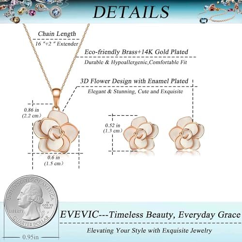 EVEVIC Rose Flower Necklace Earrings Set for Women 18K Gold Plated Hypoallergenic Jewelry Sets