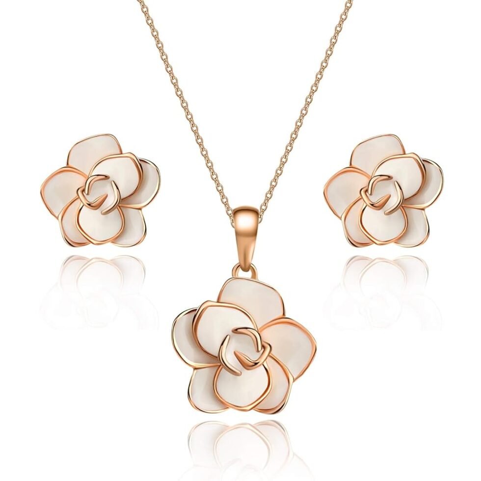 EVEVIC Rose Flower Necklace Earrings Set for Women 18K Gold Plated Hypoallergenic Jewelry Sets