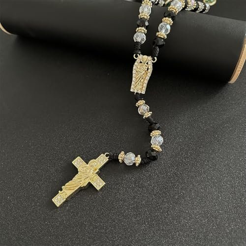 Exquisite Rosary Saint Jude Cross Pendant Mexican Necklace - Braided Cord Green Crystal beads Chain, Charm Accessories for Men and Women, Catholic St Jude Elegant Religious...