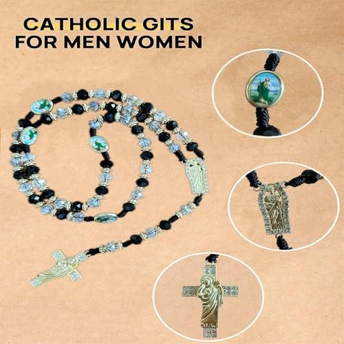 Exquisite Rosary Saint Jude Cross Pendant Mexican Necklace - Braided Cord Green Crystal beads Chain, Charm Accessories for Men and Women, Catholic St Jude Elegant Religious...