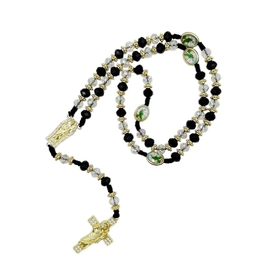 Exquisite Rosary Saint Jude Cross Pendant Mexican Necklace - Braided Cord Green Crystal beads Chain, Charm Accessories for Men and Women, Catholic St Jude Elegant Religious...