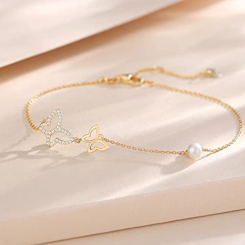 FANCIME Real Solid 14K Yellow Gold Butterfly Bracelet with 4mm Freshwater Pearls Luxury Cubic Zircon Adjustable Bracelet Real Pearl Fine Jewelry for Women Wife Daughter...