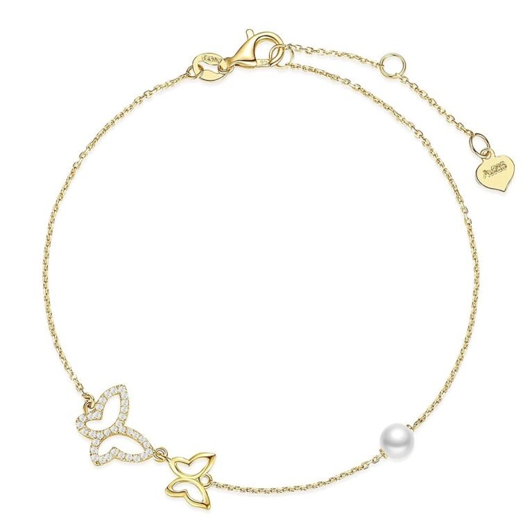 FANCIME Real Solid 14K Yellow Gold Butterfly Bracelet with 4mm Freshwater Pearls Luxury Cubic Zircon Adjustable Bracelet Real Pearl Fine Jewelry for Women Wife Daughter...