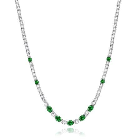 FANCIME Sterling Silver Created Emerald Tennis Necklace May Birthstone Necklace with 4mm Cubic Zirconia 6 * 8mm Oval Emerald Luxury Fine Jewelry for Women 18"