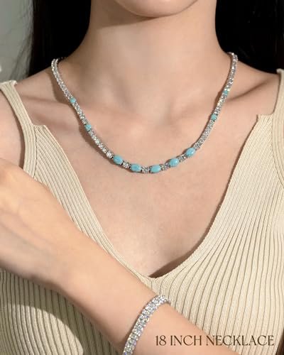 FANCIME Sterling Silver Created Turquoise Tennis Necklace December Birthstone Necklace with 4mm Cubic Zirconia 6 * 8mm Oval Turquoise Luxury Fine Jewelry for Women