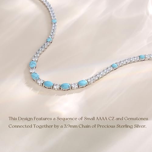 FANCIME Sterling Silver Created Turquoise Tennis Necklace December Birthstone Necklace with 4mm Cubic Zirconia 6 * 8mm Oval Turquoise Luxury Fine Jewelry for Women