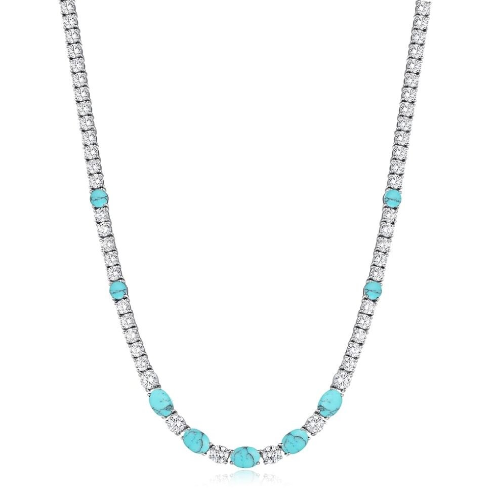 FANCIME Sterling Silver Created Turquoise Tennis Necklace December Birthstone Necklace with 4mm Cubic Zirconia 6 * 8mm Oval Turquoise Luxury Fine Jewelry for Women