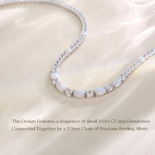 FANCIME Sterling Silver Opal Tennis Necklace October Birthstone Necklace with 4mm Cubic Zirconia 6 * 8mm Oval Opal Gemstone Luxury Fine Jewelry for Women 18"