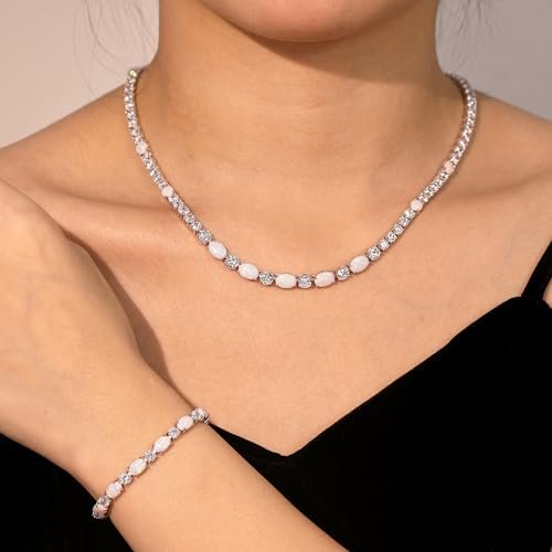FANCIME Sterling Silver Opal Tennis Necklace October Birthstone Necklace with 4mm Cubic Zirconia 6 * 8mm Oval Opal Gemstone Luxury Fine Jewelry for Women 18"