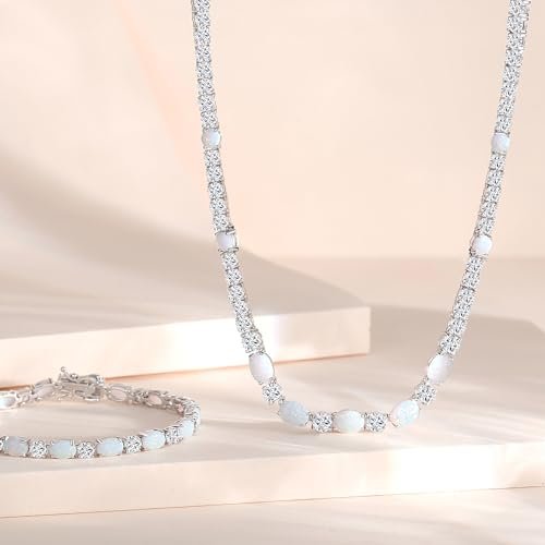 FANCIME Sterling Silver Opal Tennis Necklace October Birthstone Necklace with 4mm Cubic Zirconia 6 * 8mm Oval Opal Gemstone Luxury Fine Jewelry for Women 18"