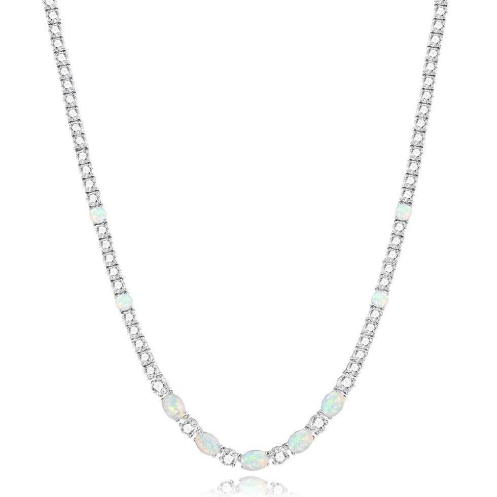 FANCIME Sterling Silver Opal Tennis Necklace October Birthstone Necklace with 4mm Cubic Zirconia 6 * 8mm Oval Opal Gemstone Luxury Fine Jewelry for Women 18"