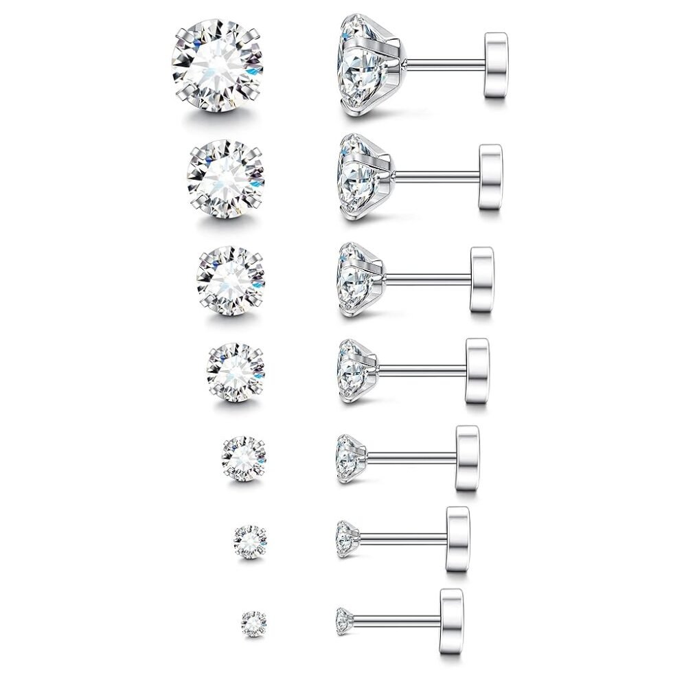 Fansilver 20G Hypoallergenic Flat Back Earrings for Women Men Silver 14K Gold Stainless Steel Stud Earrings Brithstone Cubic Zirconia Studs Surgical Steel Cartilage Earrings for...