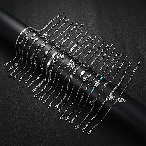 FASACCO 20Pcs Ankle Bracelets for Women Adjustable Beach Anklet Set Surfer Anklet Heart Star Turtle Infinite Anklets Foot Jewelry