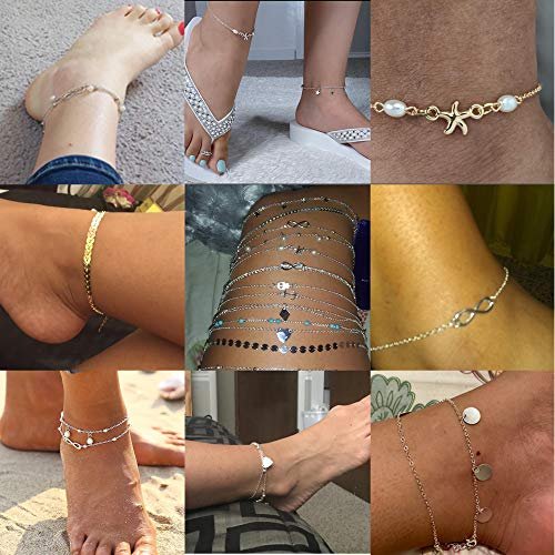 FASACCO 20Pcs Ankle Bracelets for Women Adjustable Beach Anklet Set Surfer Anklet Heart Star Turtle Infinite Anklets Foot Jewelry