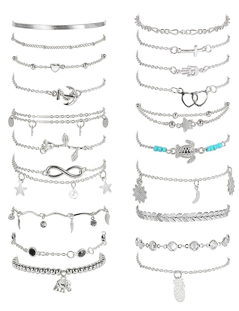 FASACCO 20Pcs Ankle Bracelets for Women Adjustable Beach Anklet Set Surfer Anklet Heart Star Turtle Infinite Anklets Foot Jewelry