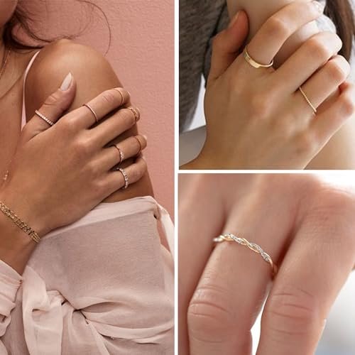 FAXHION 12 PCS Dainty 14K Gold Rings for Women, Eternity Open Chunky Twist Simulated Diamond Criss Cross Designs, Non Tarnish Gold Plated Stacking Thumb Ring, Perfect for...