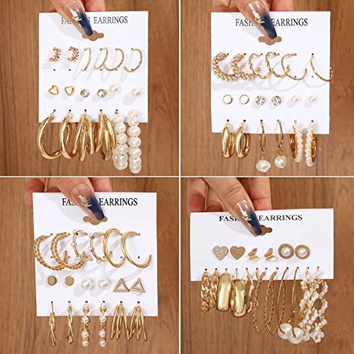 FAXHION 36 Pairs Gold Earrings Set for Women, Fashion Pearl Chain Link Stud Drop Dangle Earrings Multipack Hoop Earring Packs, Hypoallergenic Earrings for Birthday Party Jewelry