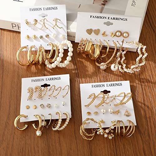 FAXHION 36 Pairs Gold Earrings Set for Women, Fashion Pearl Chain Link Stud Drop Dangle Earrings Multipack Hoop Earring Packs, Hypoallergenic Earrings for Birthday Party Jewelry