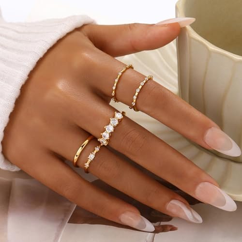 FAXHION Gold Rings for Women Non Tarnish, Dainty 14K Gold Plated Stacking Cubic Zirconia Thumb Rings, Statement Gold Knuckle Rings Set Size 5-10