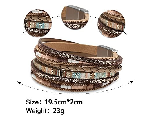 Fesciory Leather Wrap Bracelets for Women, Boho Leopard Multi-Layer Crystal Beads Cuff Bracelet Jewelry