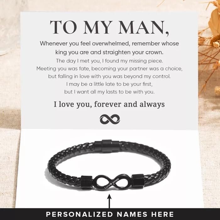 FETNHU To My Man, Personalized Dual Name Infinity Leather Bracelet, Stainless steel Braided Bracelet, Personalized Custom Name Bracelet for Men, Bracelets for Boyfriend Xmas,...