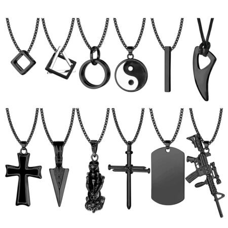 FIASASO 12Pcs Stainless Steel Pendant Necklace for Men Cool Goth Necklace Funky Gothic Cross Dog Tag Yin Yang Triangle Pendant Chain Necklace Set Black & Silver Tone …